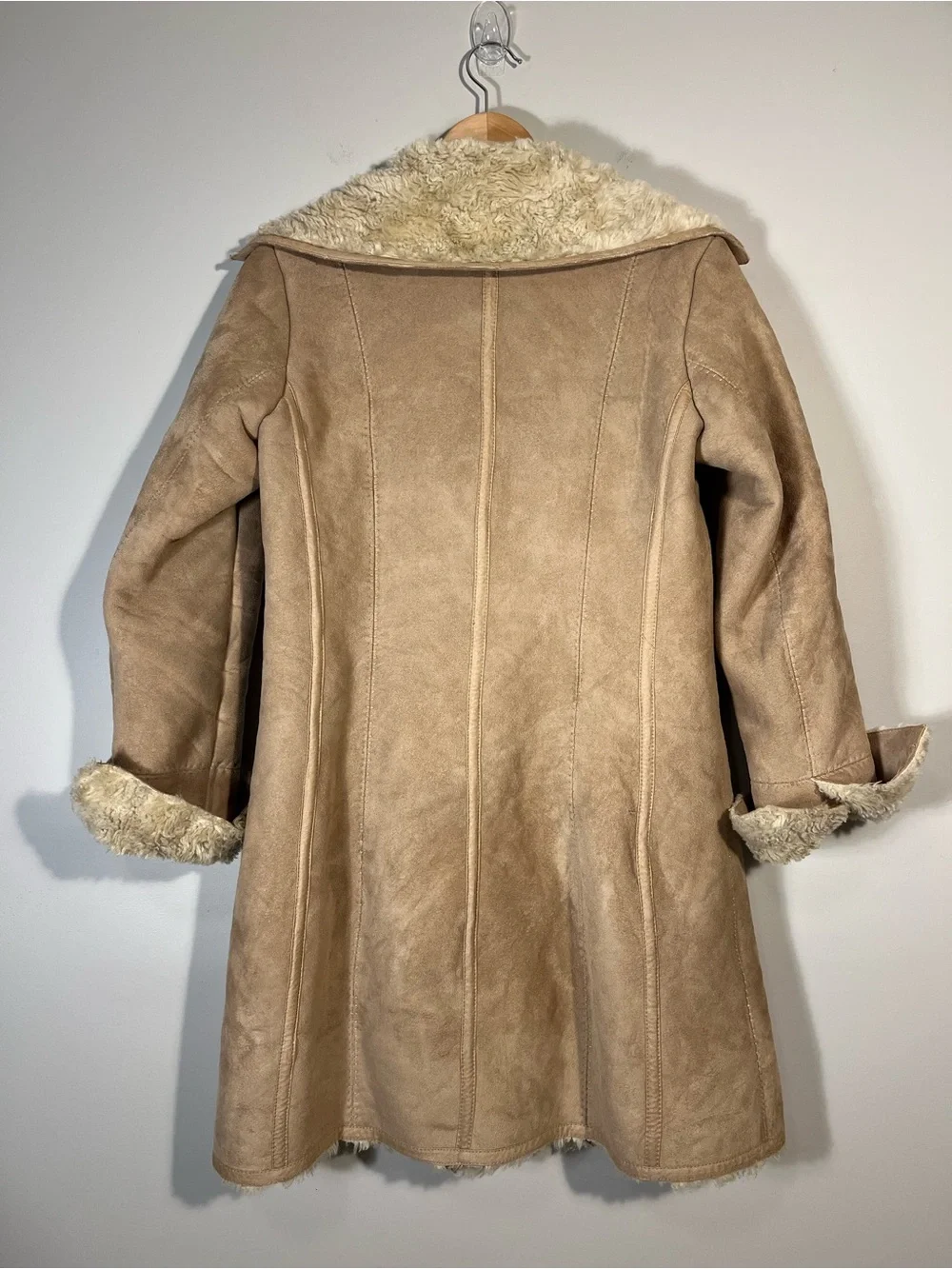 Mossimo Tan Faux Suede Coat Faux Fur Shearling Lining 70s Vintage Inspired
